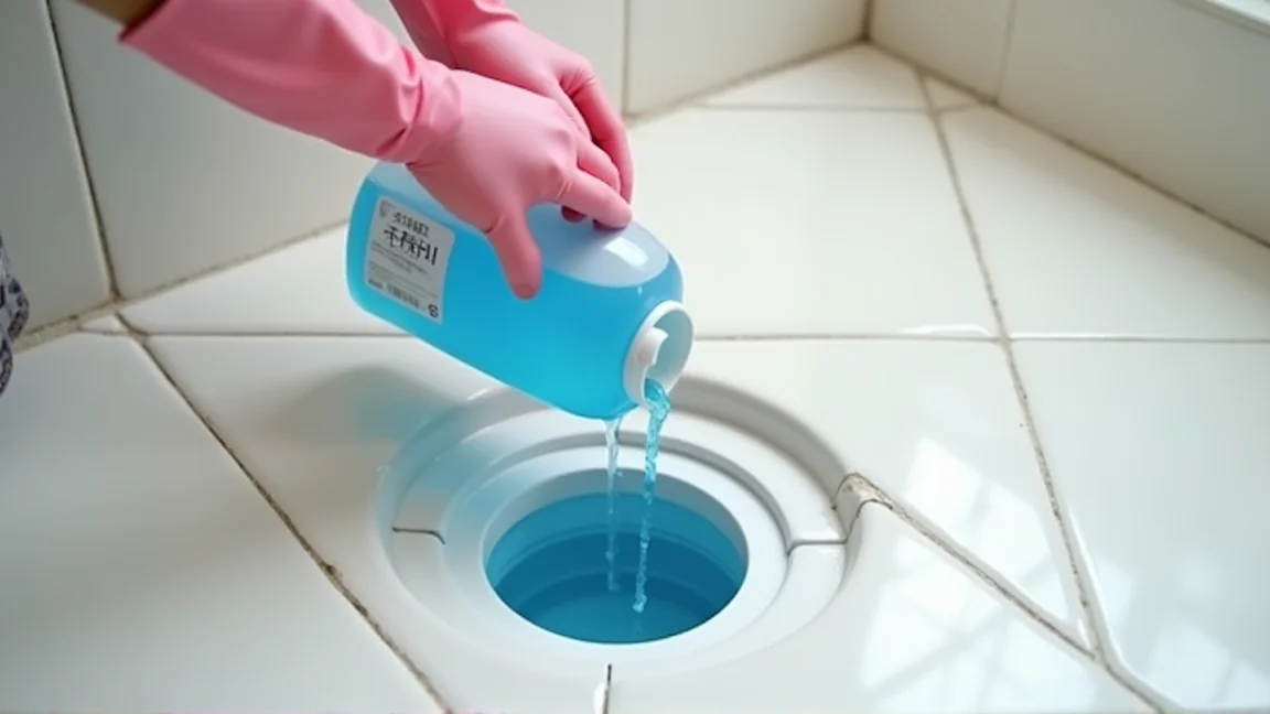 市販のパイプクリーナーを排水口に注ぐ手元、ゴム手袋着用