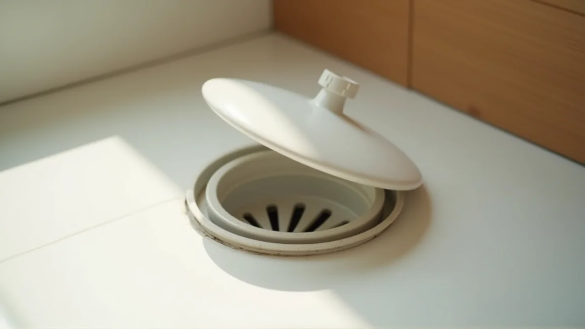 浴室の排水口のフタを開けて中を点検する様子