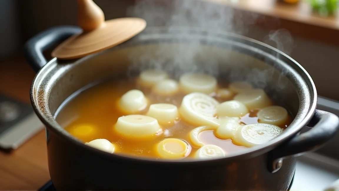 落とし蓋をした鍋で煮込まれる大根の輪切り