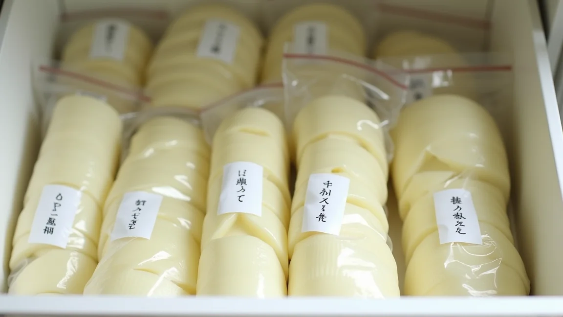 冷凍庫の中に立てて収納されたラベル付きフリーザーバッグ