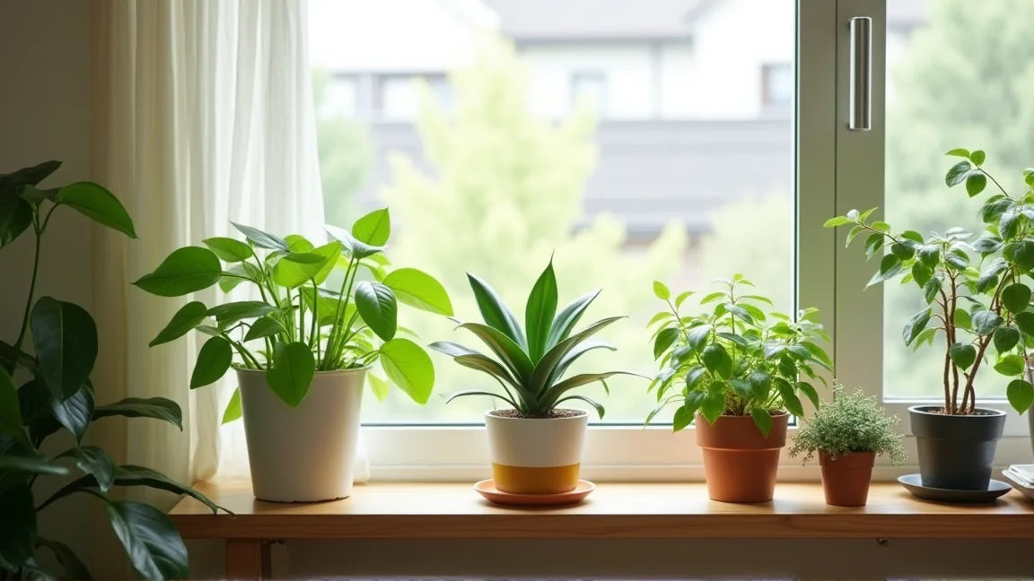 窓辺に並べた小ぶりの観葉植物