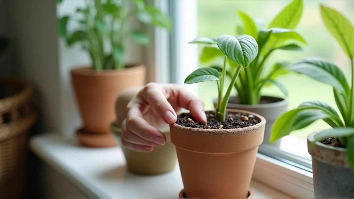 観葉植物の鉢の表土をチェックしている様子