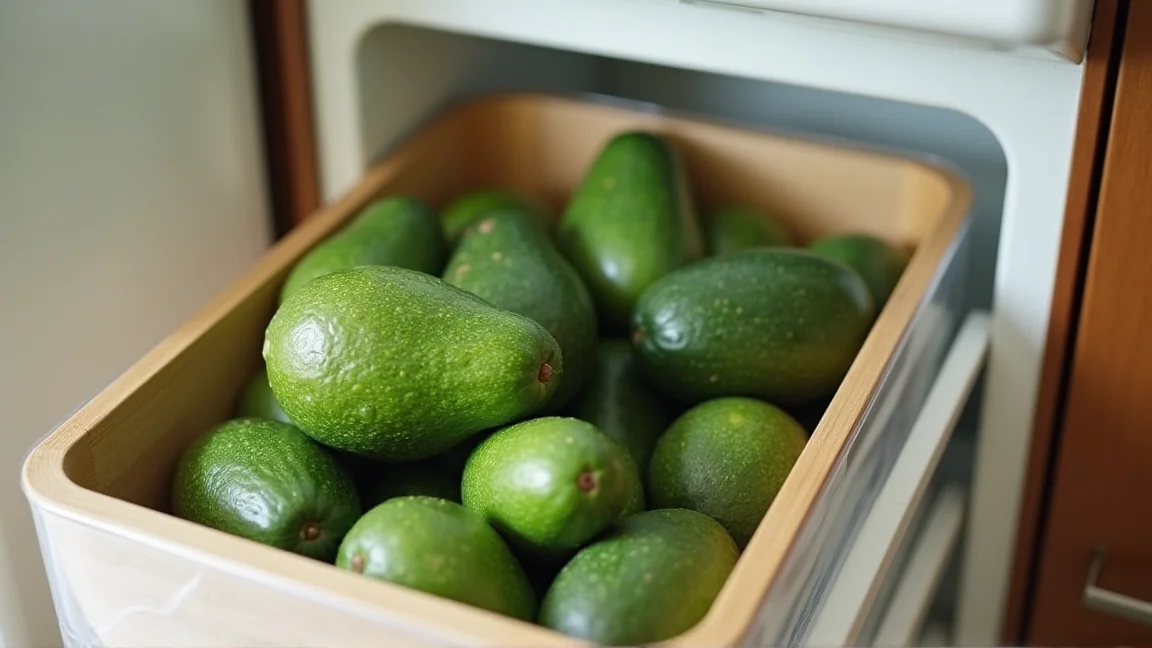 冷蔵庫の野菜室に並ぶアボカドと保存容器