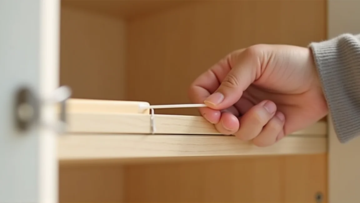 綿棒で食器棚の扉ゴムパッキンと棚の継ぎ目を細かく拭き取る手元