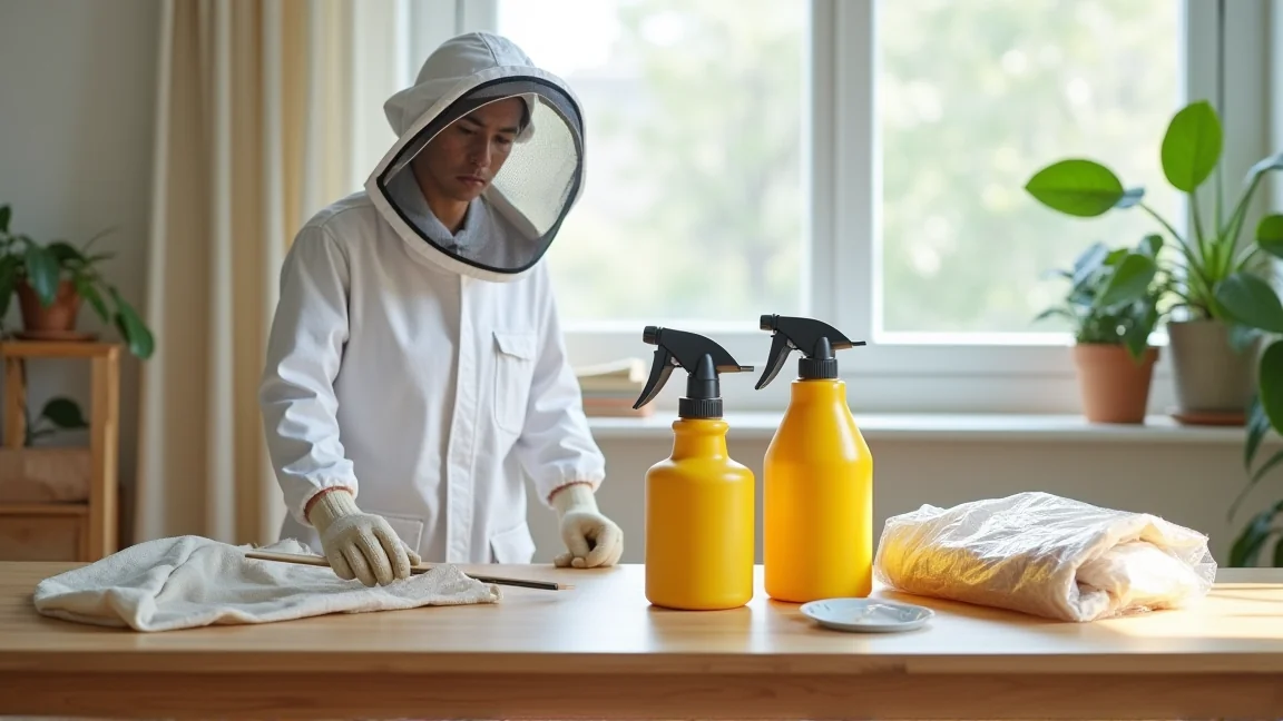 蜂駆除用の装備を並べたテーブルの様子