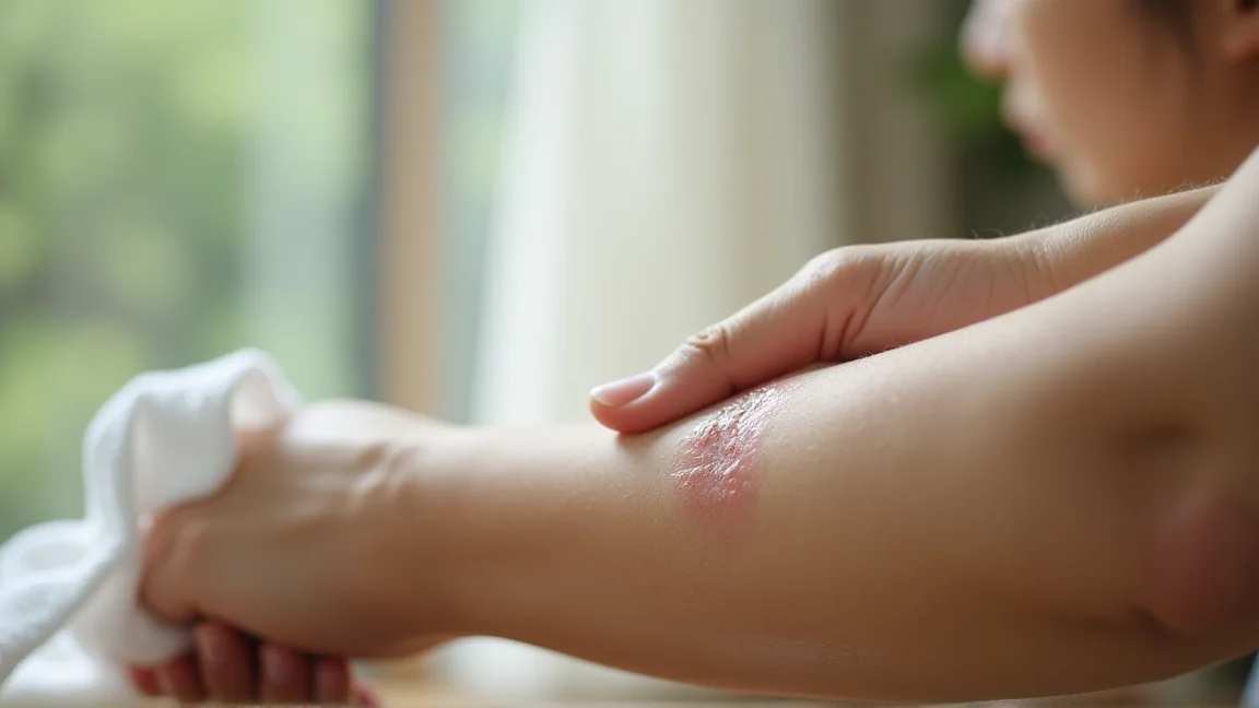 蜂に刺されたあとに腕を冷たいタオルで冷やしている手元