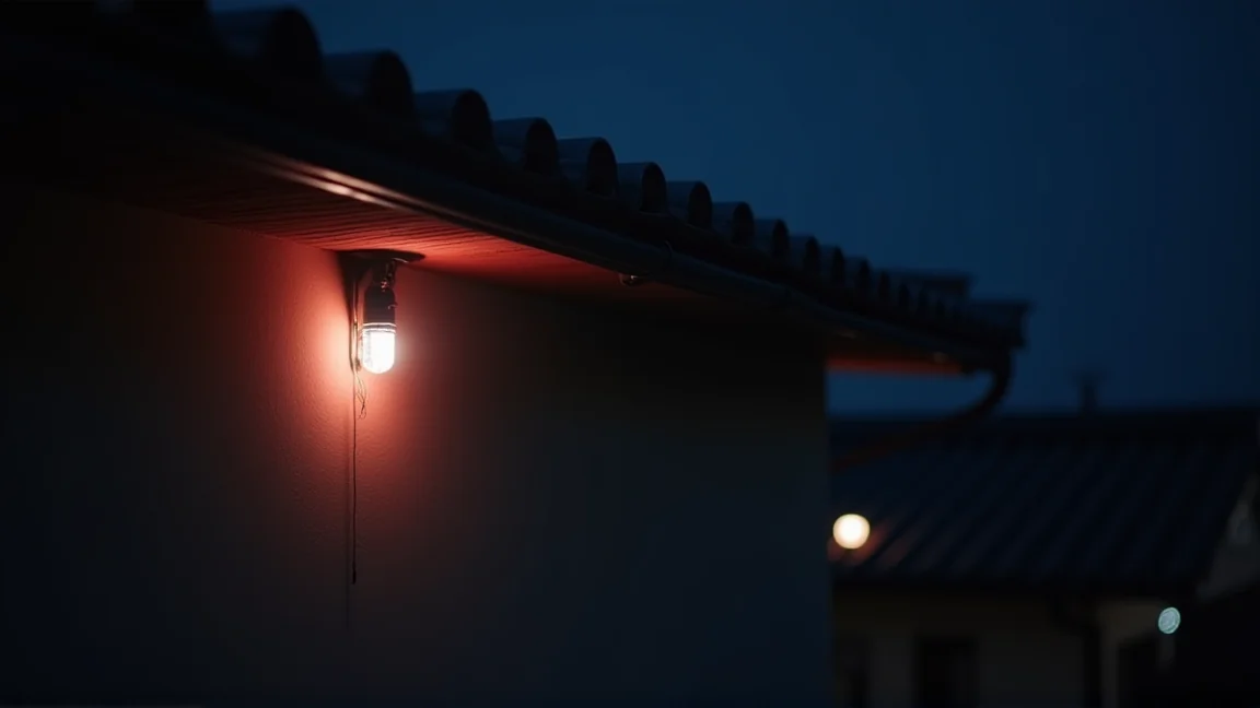 夜の軒下を懐中電灯で照らして巣の様子を確認している場面