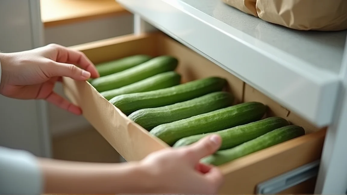 冷蔵庫の野菜室を開けて立てて保存したきゅうりの状態を確認している手元