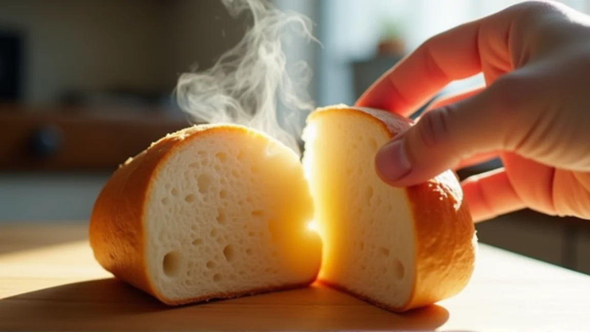 ふんわり仕上がった食パンを手で割って湯気が出ている様子