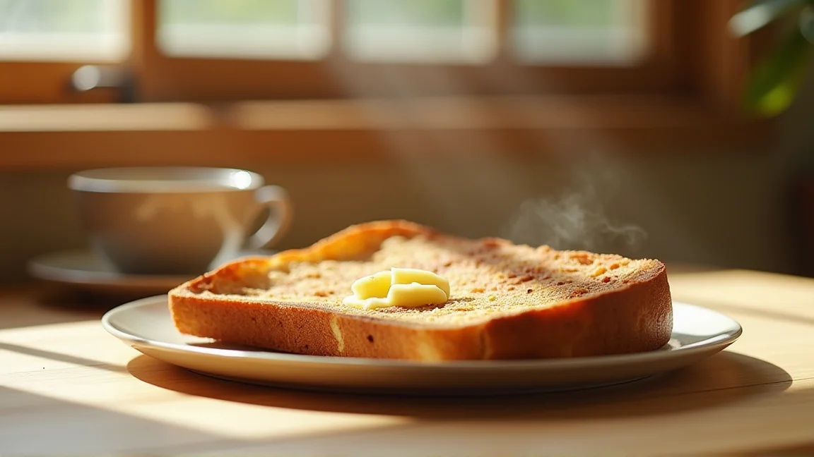 朝食のテーブルに並んだ温め直したパンとコーヒー