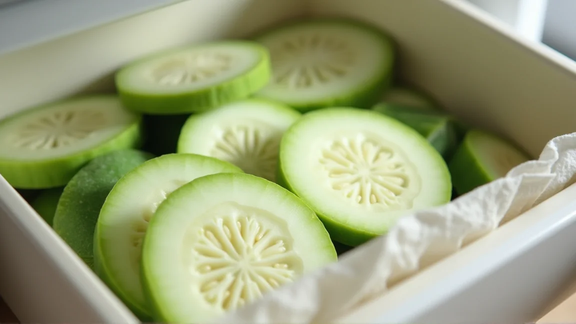 野菜室でキッチンペーパーに包まれたカットゴーヤ
