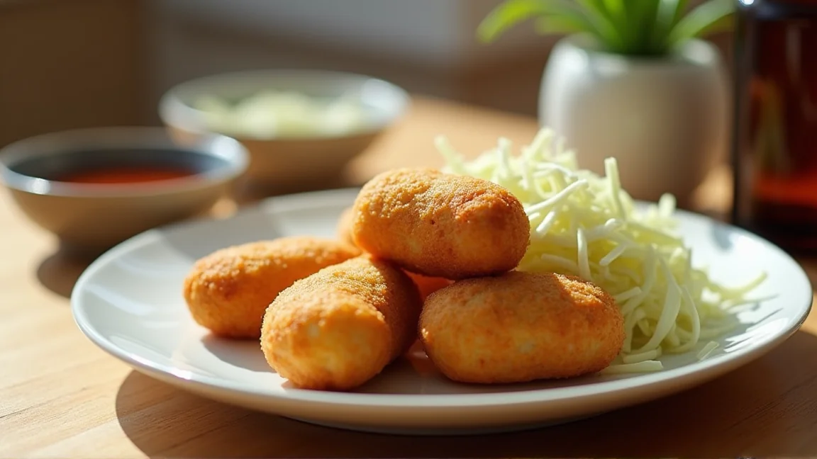 揚げたてのコロッケを盛り付けた家庭の食卓