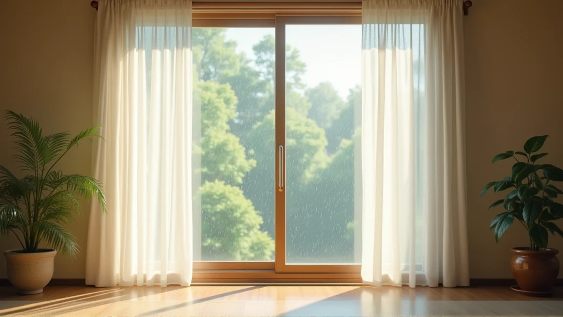 梅雨時の窓辺で換気をしている明るい室内の様子