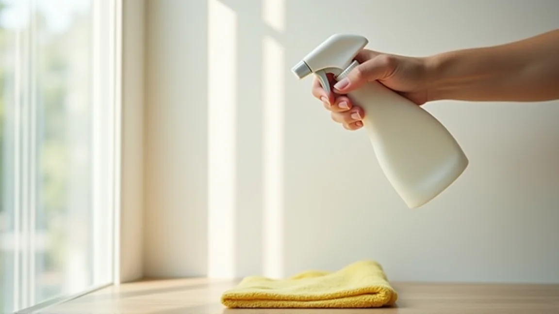 中性洗剤と布で壁の隅を清掃する手元