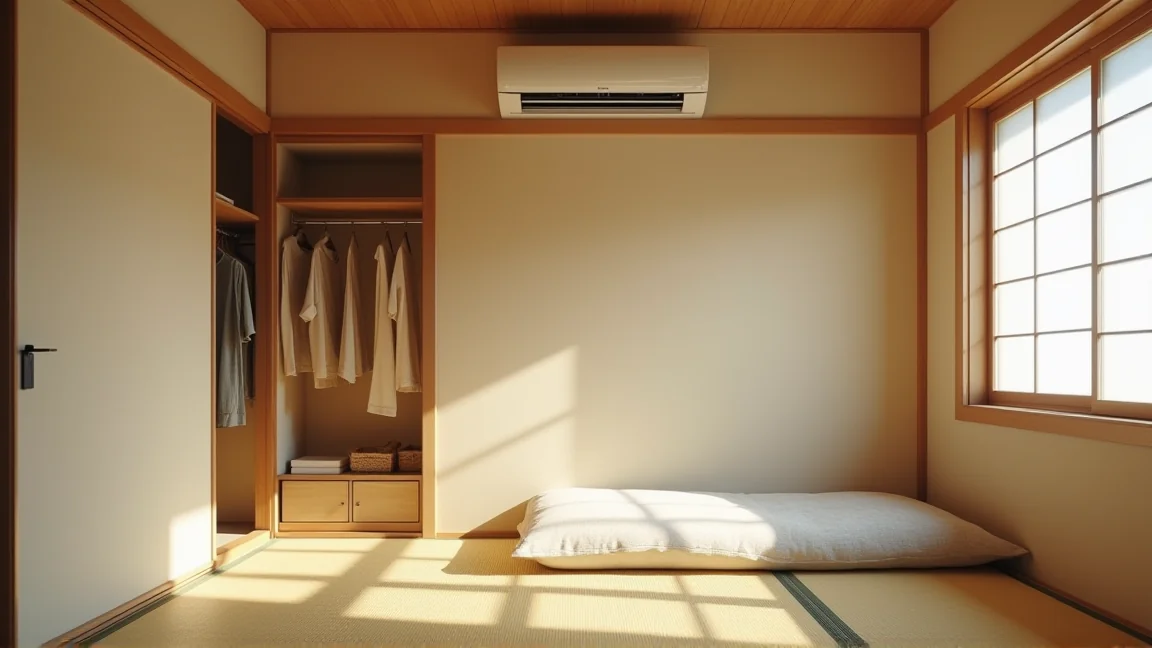 エアコンの除湿モードを使いながら押入れを開けた和室