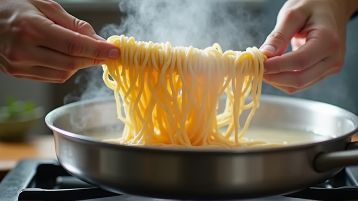 大きめの鍋でたっぷりの湯にそうめんを放射状に広げて入れる手元