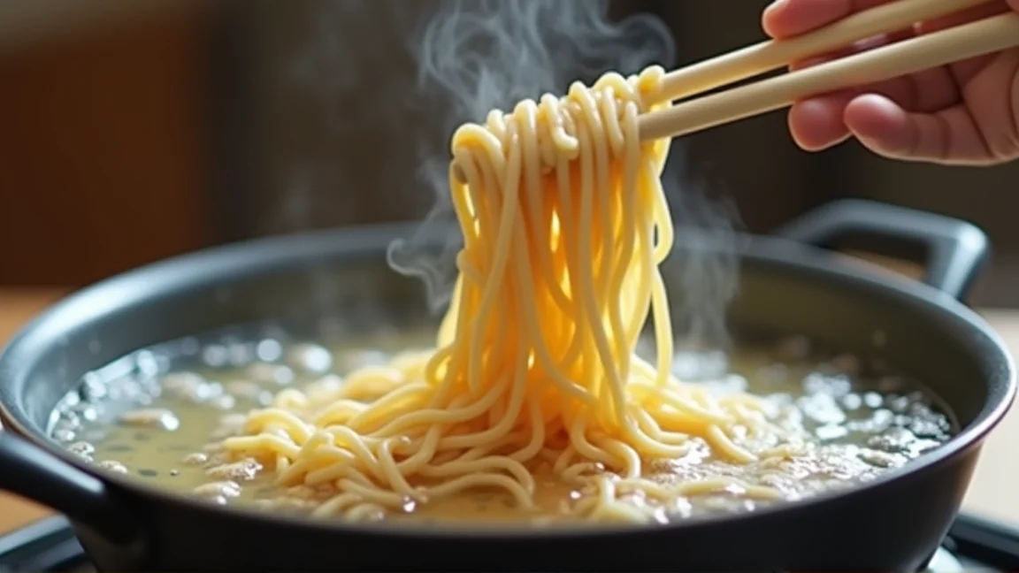 沸騰した鍋の中のそうめんを菜箸でやさしくかき混ぜる手元