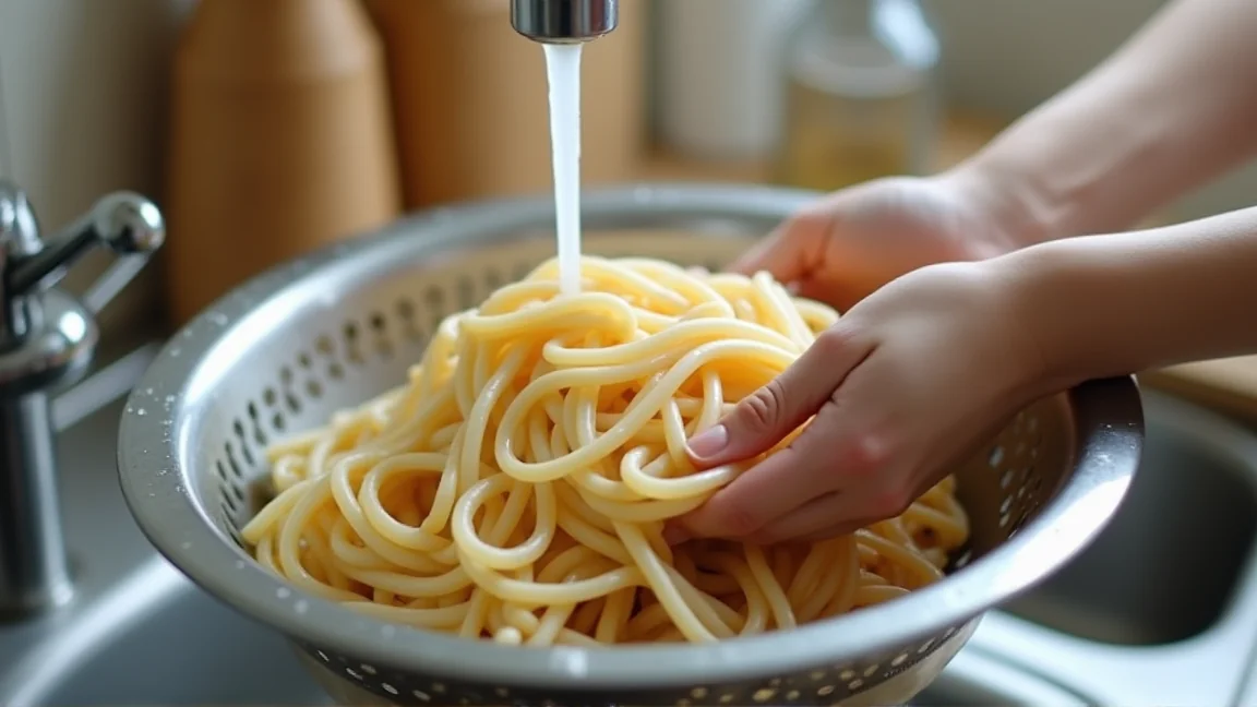 ザルにあけたそうめんを流水で手もみして洗う様子