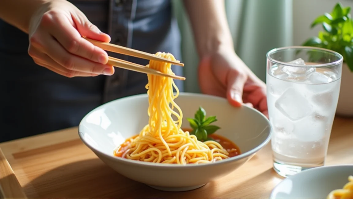 氷水で締めたそうめんを一口分ずつ巻いてガラス器に盛り付ける手元