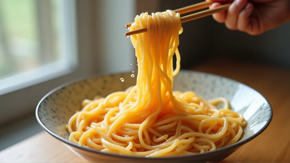 茹で上がったそうめんを菜箸で持ち上げて一本一本がほぐれている様子