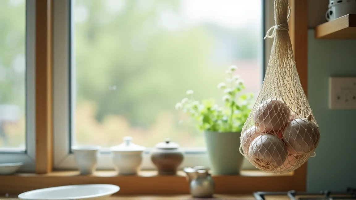 皮付きのにんにくをネットに入れて風通しよく吊るしている様子