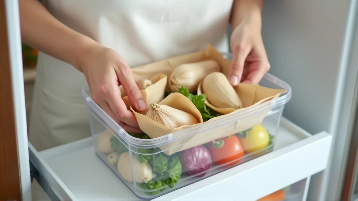キッチンペーパーで包んだにんにくを保存容器に入れて冷蔵庫に置く手元