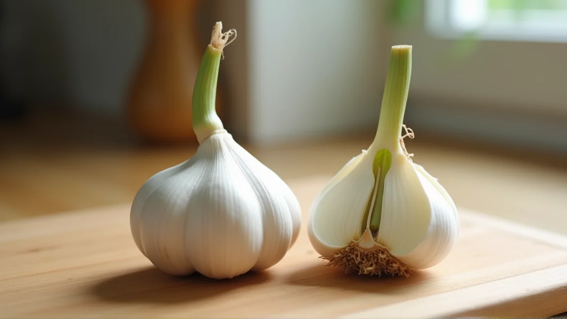 芽が伸びたにんにくと新鮮なにんにくを並べて比較する様子