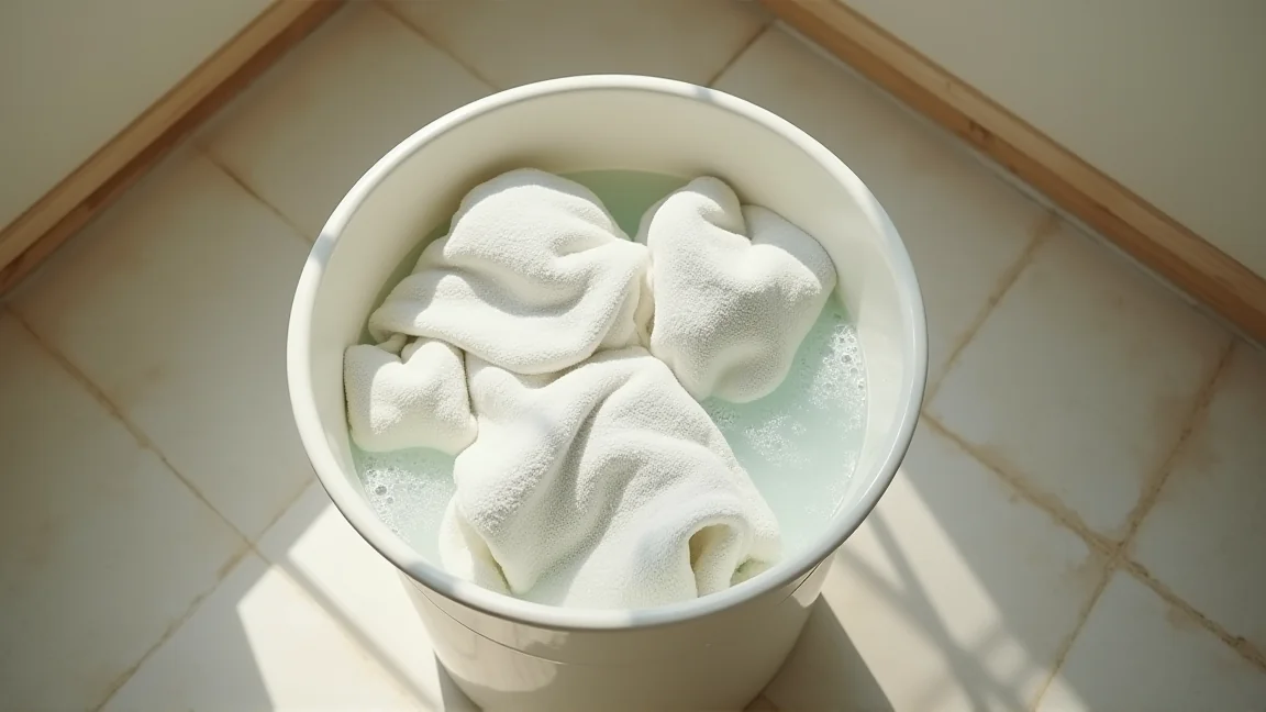 バケツの中でタオルを酸素系漂白剤入りのお湯につけ置きしている様子
