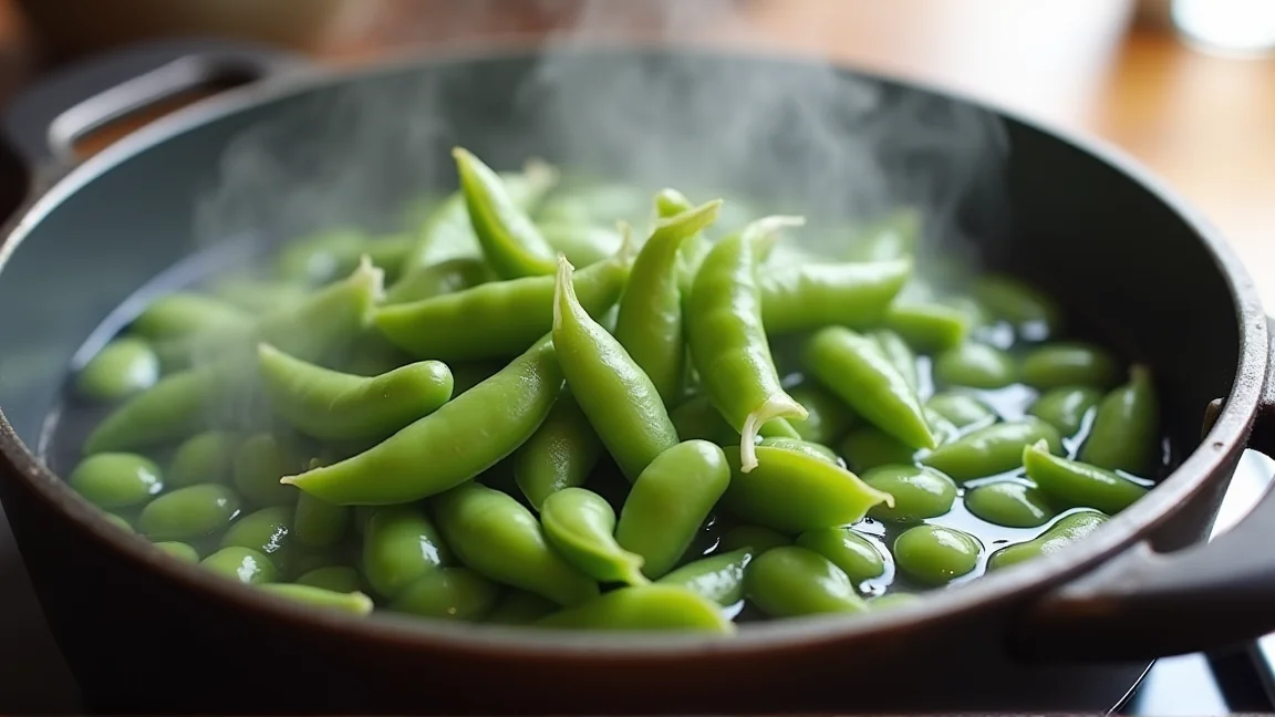 鍋で枝豆を茹でている様子
