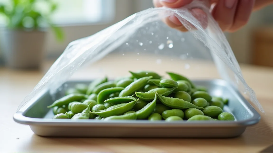冷凍用保存袋に枝豆を平らに並べた様子