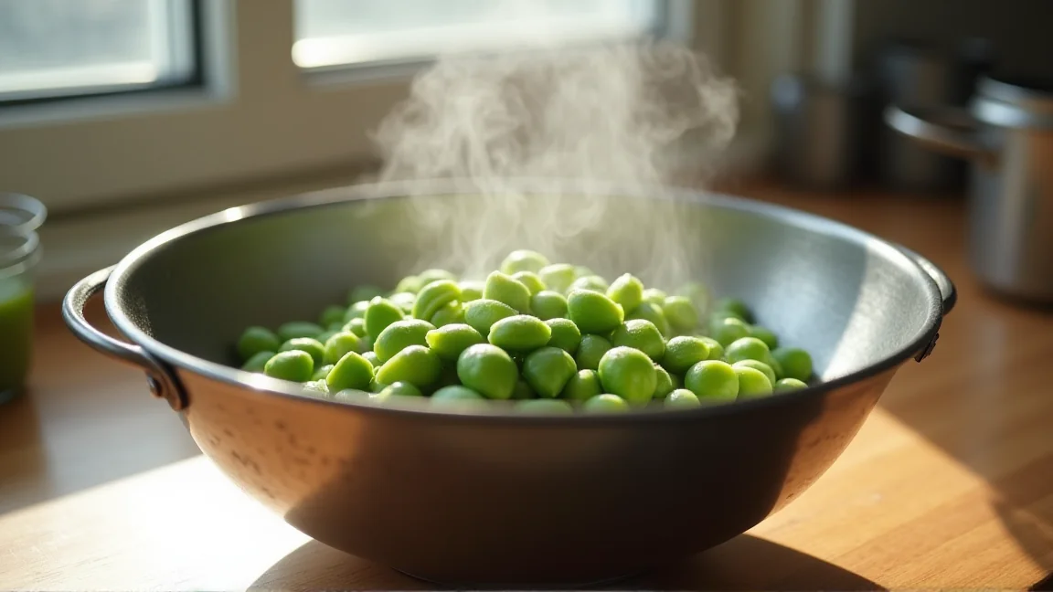 茹でた枝豆をザルにあげて冷ましている様子