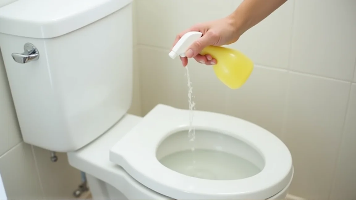スプレーボトルでクエン酸水を便器に吹きかける様子