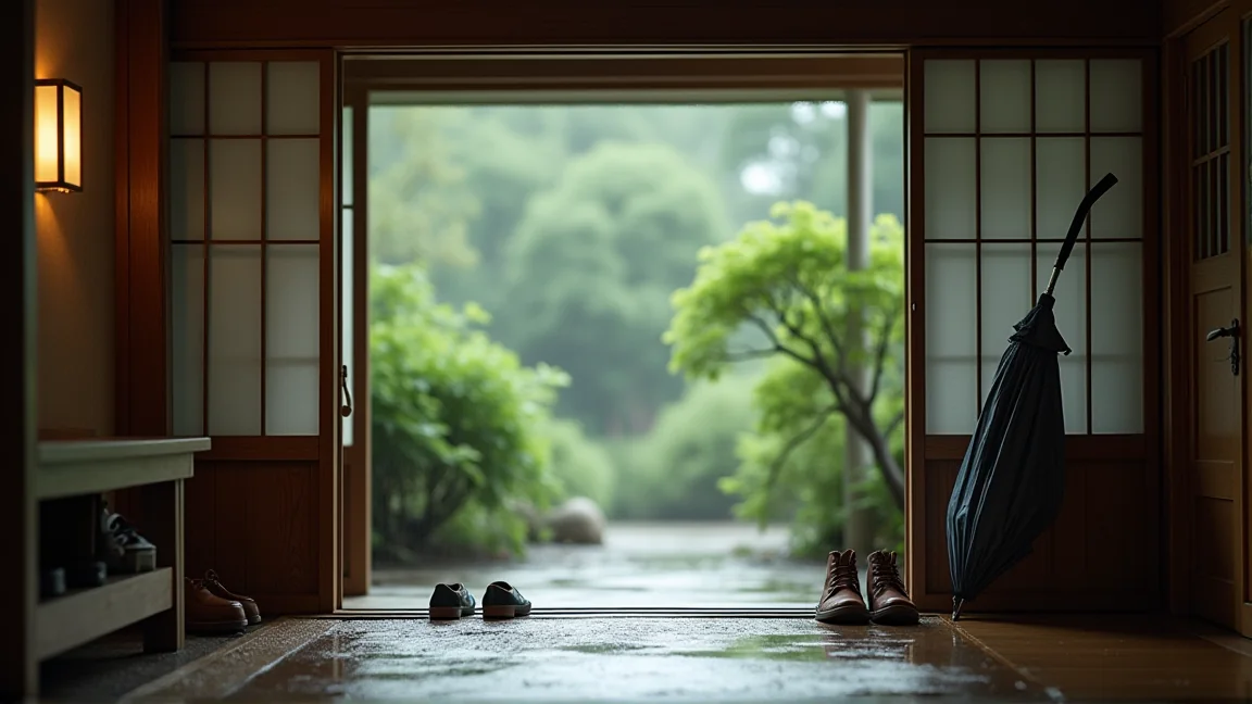 雨の日の玄関でドアを開けた様子