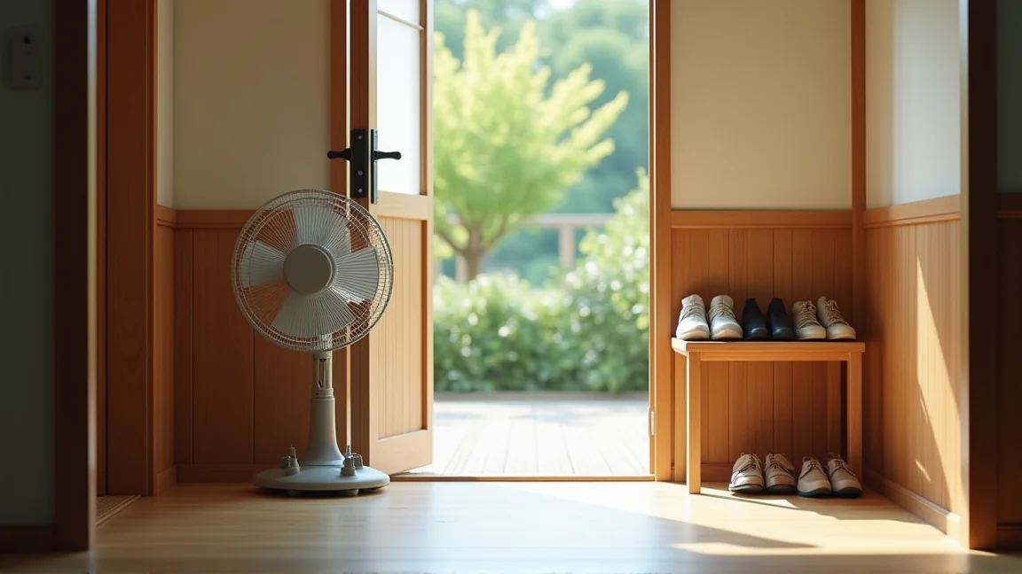 玄関で換気のためにドアを少し開けた様子