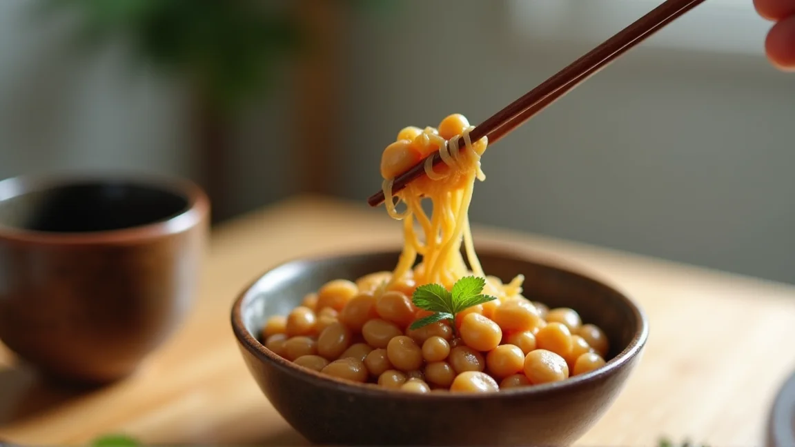 納豆を箸で持ち上げて糸引きと豆の状態を確認している様子