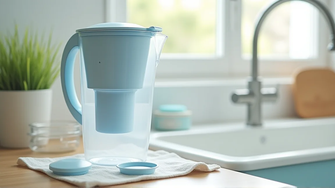 洗った麦茶ポットのパーツを布の上で乾かしている様子