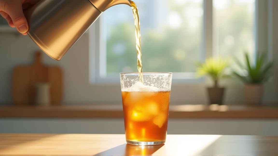 コップに注がれた冷たい麦茶と冷蔵庫内のポット