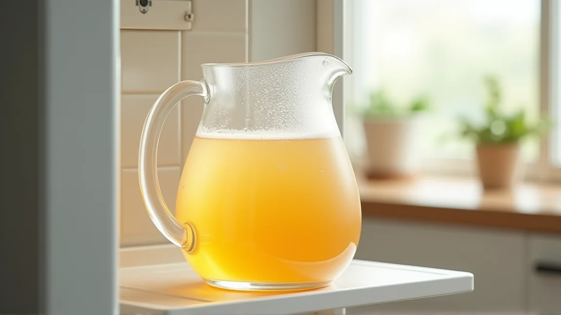 ガラスポットで作った水出し麦茶を冷蔵庫に入れる手元