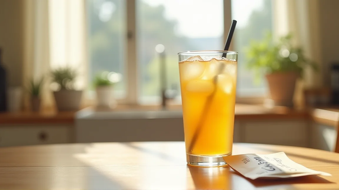 冷たい麦茶が入ったコップとティーバッグのある夏のキッチン