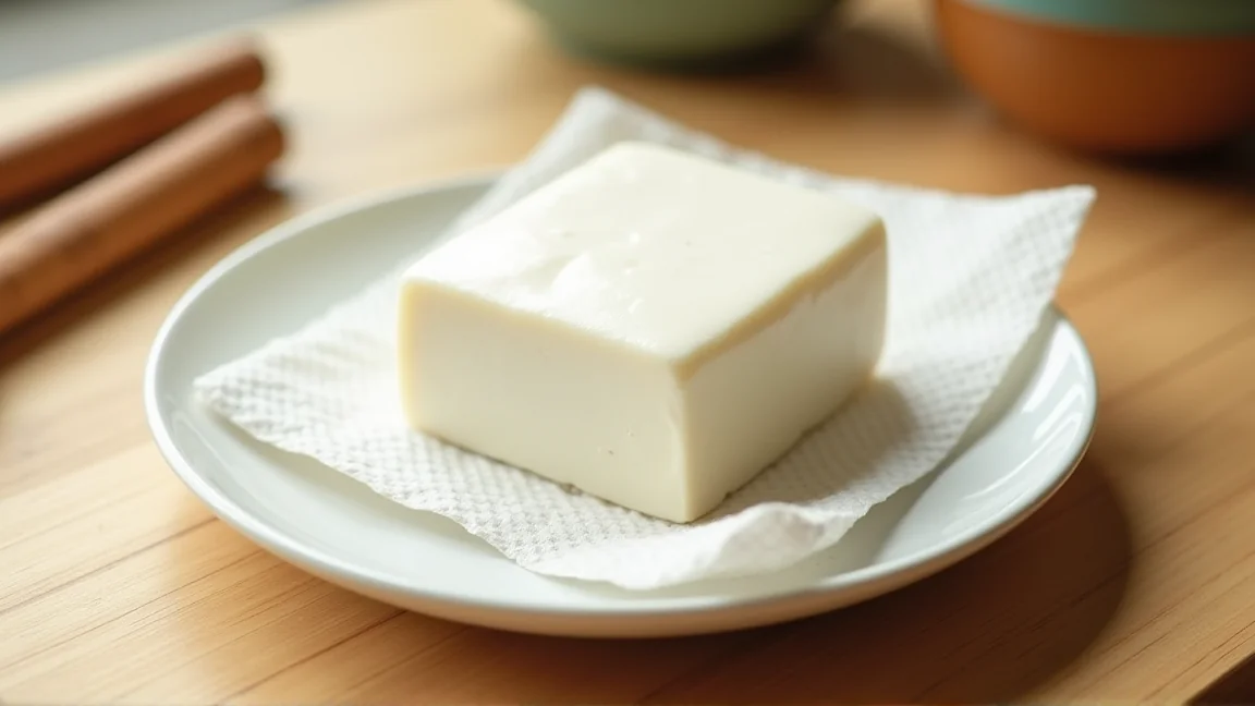 キッチンペーパーで包んだ豆腐を耐熱皿にのせた様子