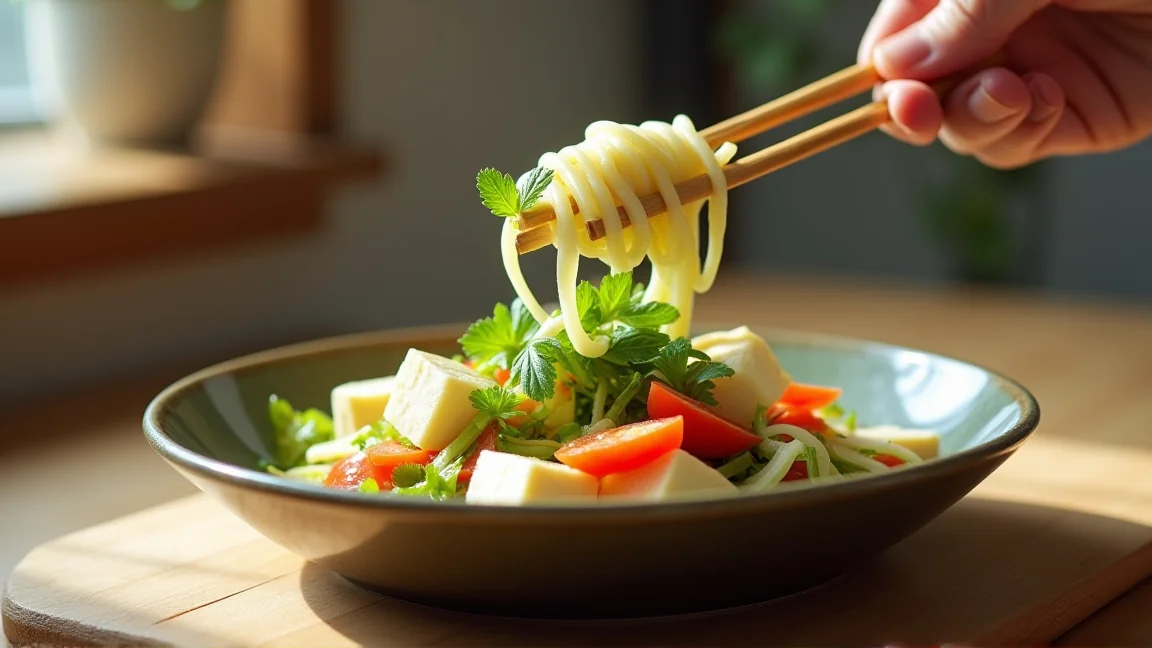 水切りを終えた豆腐を使って白和えを盛り付ける様子