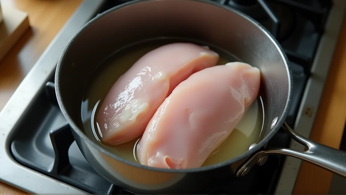 鍋に水と鶏むね肉を一緒に入れた状態を上から見た様子