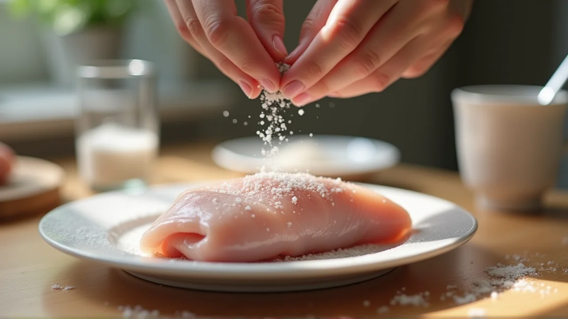 キッチンで鶏むね肉に塩と砂糖の下味をまぶしている手元