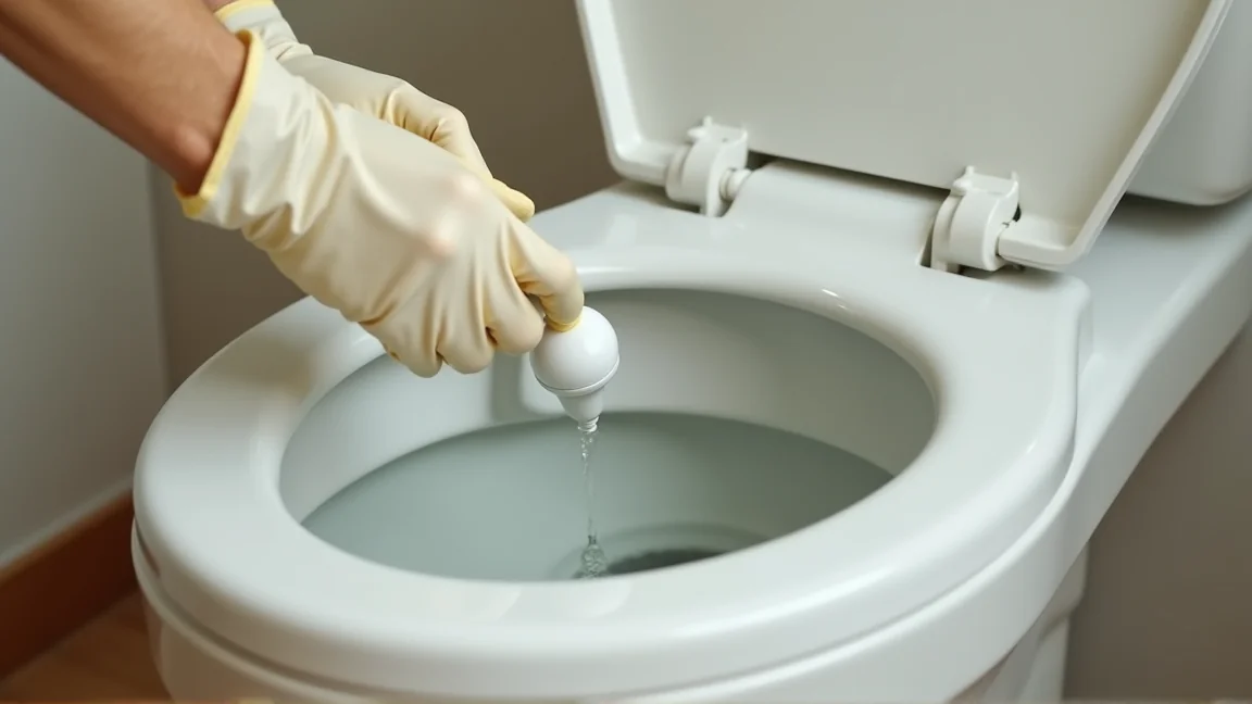 洋式便器の排水口にラバーカップをまっすぐ当てている手元