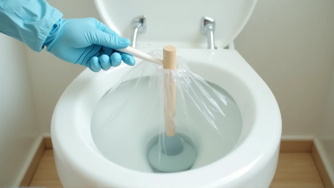 便器にビニール袋をかぶせて飛び散りを防ぐ準備をしている様子