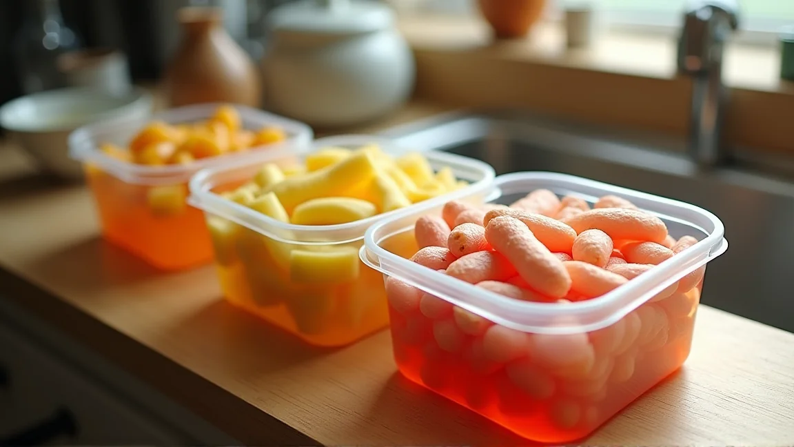 保存容器に小分けされたみょうがと甘酢漬けが並ぶ食卓