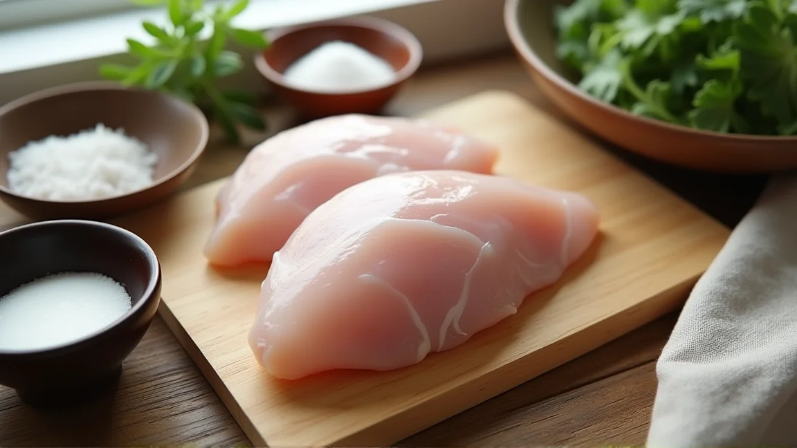 まな板の上の鶏むね肉と塩・砂糖・酒などの調味料
