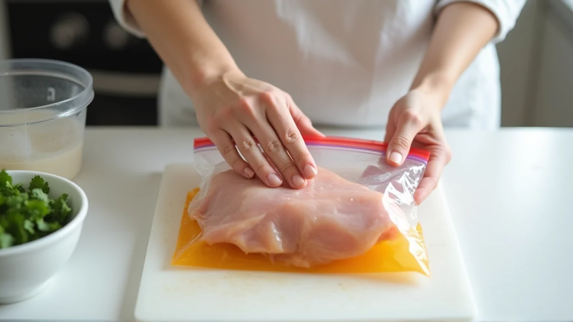 保存袋に入れた鶏むね肉に漬けダレをもみ込む手元
