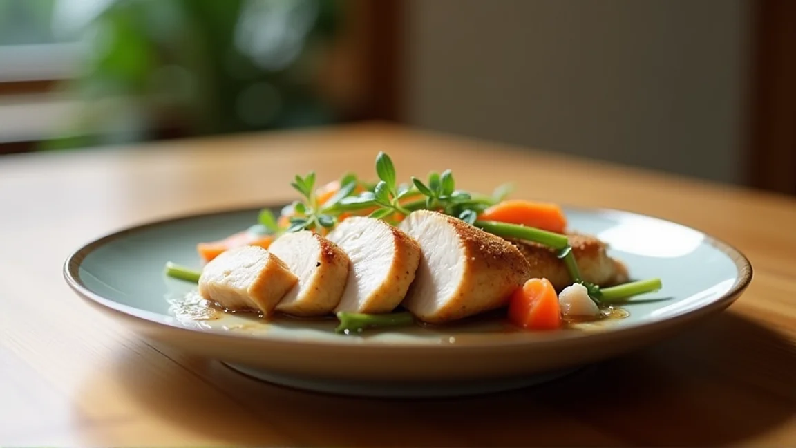 完成した鶏むね肉料理が盛り付けられた食卓