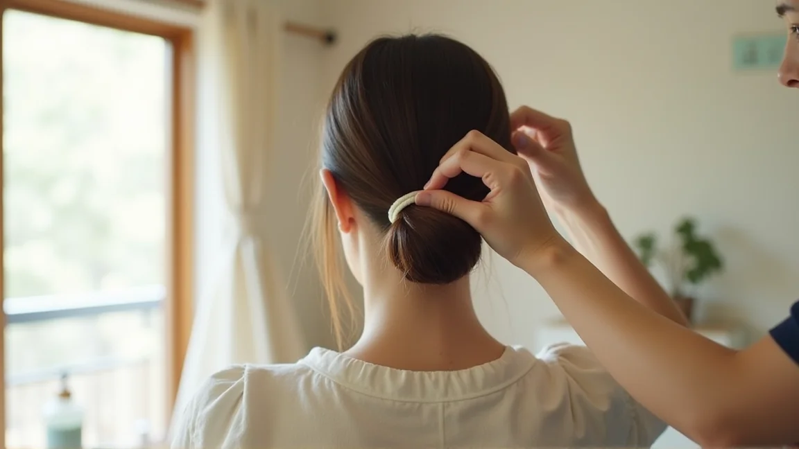 低めのまとめ髪をヘアアクセでまとめた後ろ姿